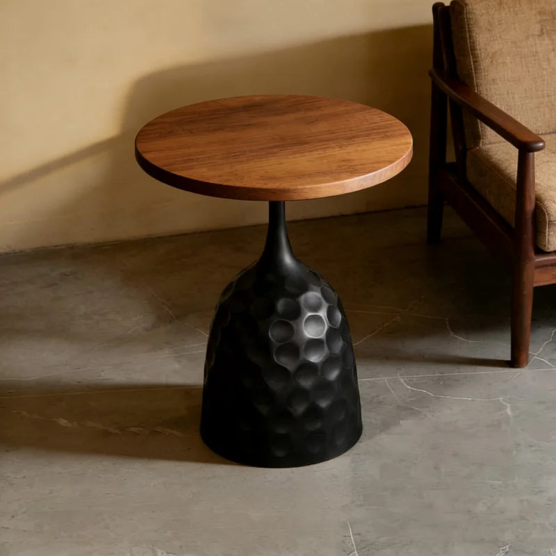 Minimalist Round Solid Wood Coffee Table With Sculptural Matte-Black Base — Black | KIMLUD
