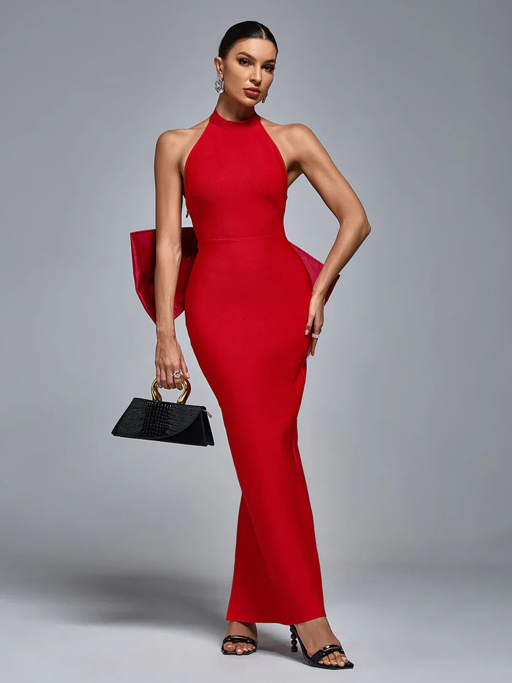 Modphy Party Bandage Bow Halter Evening Maxi Dress Women Sexy Backless Off Shoulder Sleeveless Long Female Dresses Lady Robes - KIMLUD