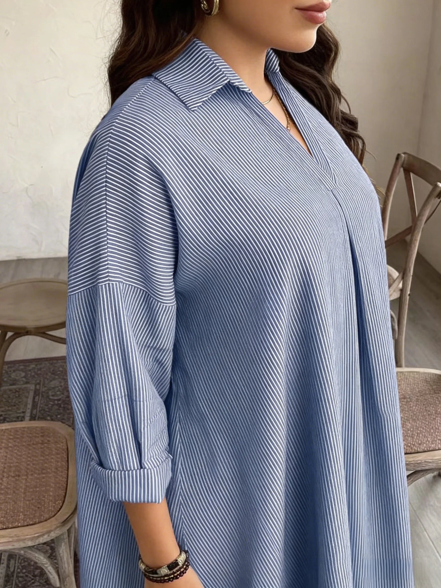 Pinstriped Maxi Dress Shirt Collar With Airy Draped Silhouette — Light Blue | KIMLUD
