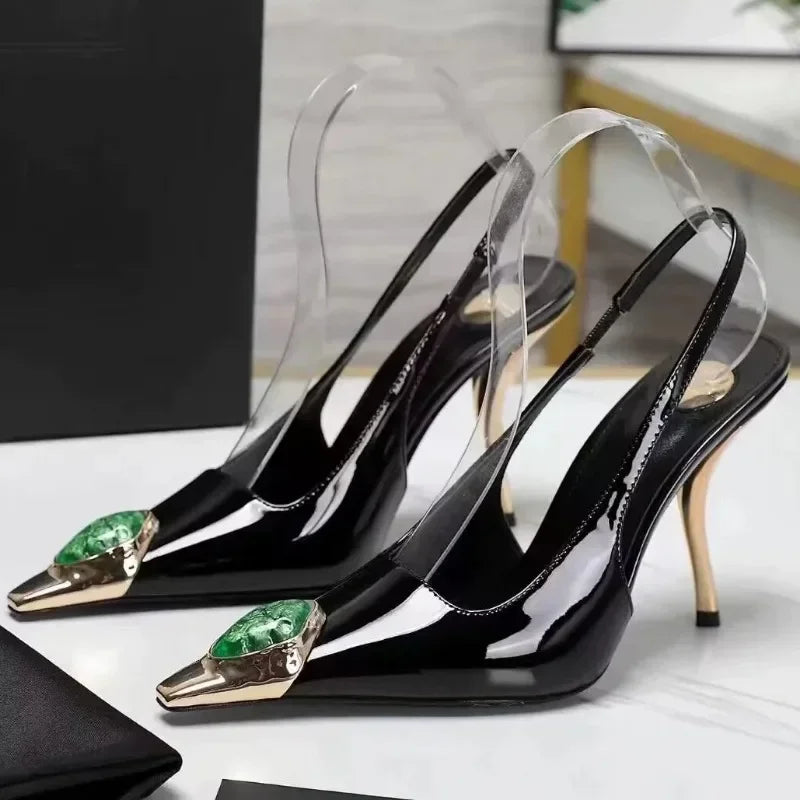 Metal Jewel Decoration Heels Pointed Toe Patent Leather — Black | KIMLUD