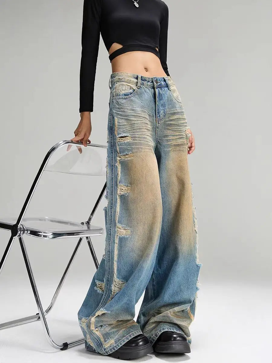 Jeans Ripped Tassel Wide Leg Denim — Blue | KIMLUD