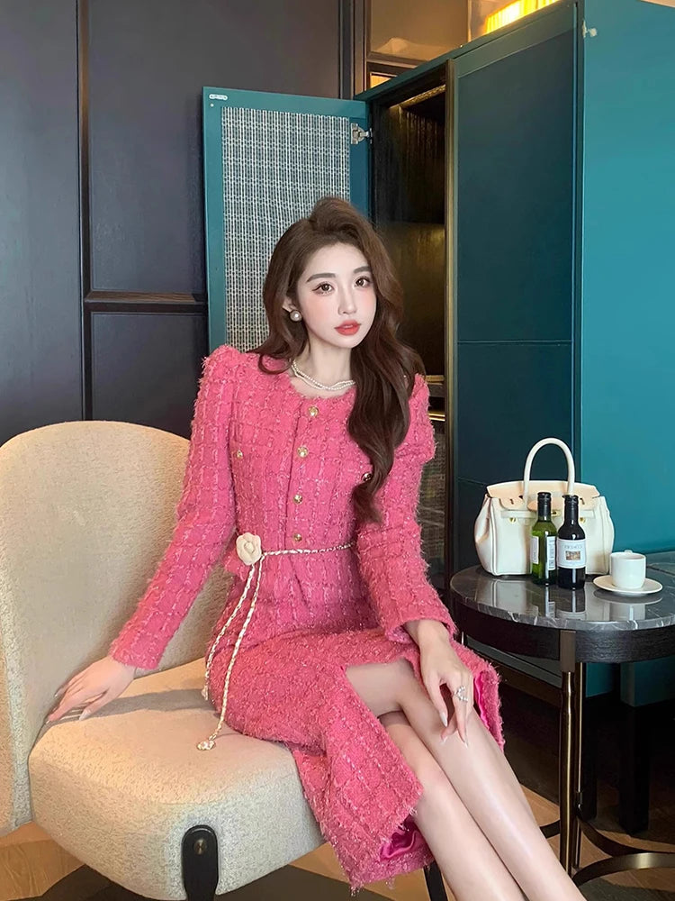 KIMLUD, Autumn Fashion Rose Red Woolen Two Piece Set Women Golden Button Chain Belt Tweed Short Jacket Coat+Split Midi Skirt Suit, KIMLUD Womens Clothes