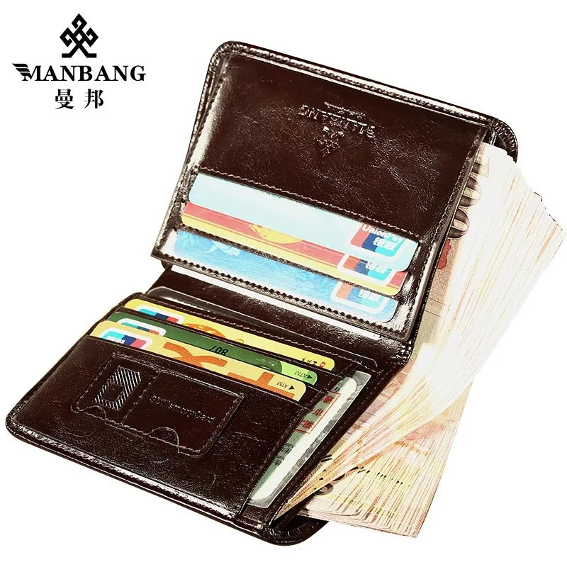 ManBang Luxury Men Wallet Genuine Cow Leather Male RFID Trifold Short Purse For Men with ID Window and Credit Card Holder