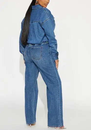 Denim Jumpsuit High Waist Pocket Turn-Down Collar — Deep Indigo | KIMLUD