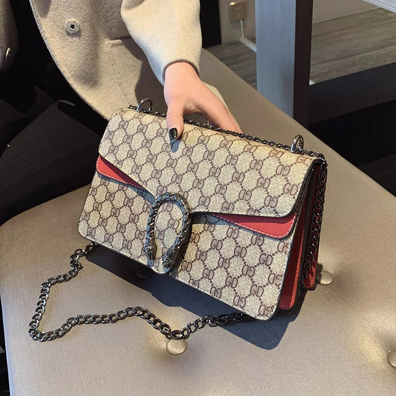 PU Mini Crossbody Bag Vintage Print With Chain Strap Monogram — Beige-Cream | KIMLUD