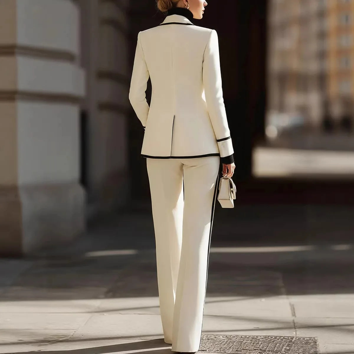 Laminated Polyester Suit Set With Lapel Double Breasted Finishes — White | KIMLUD