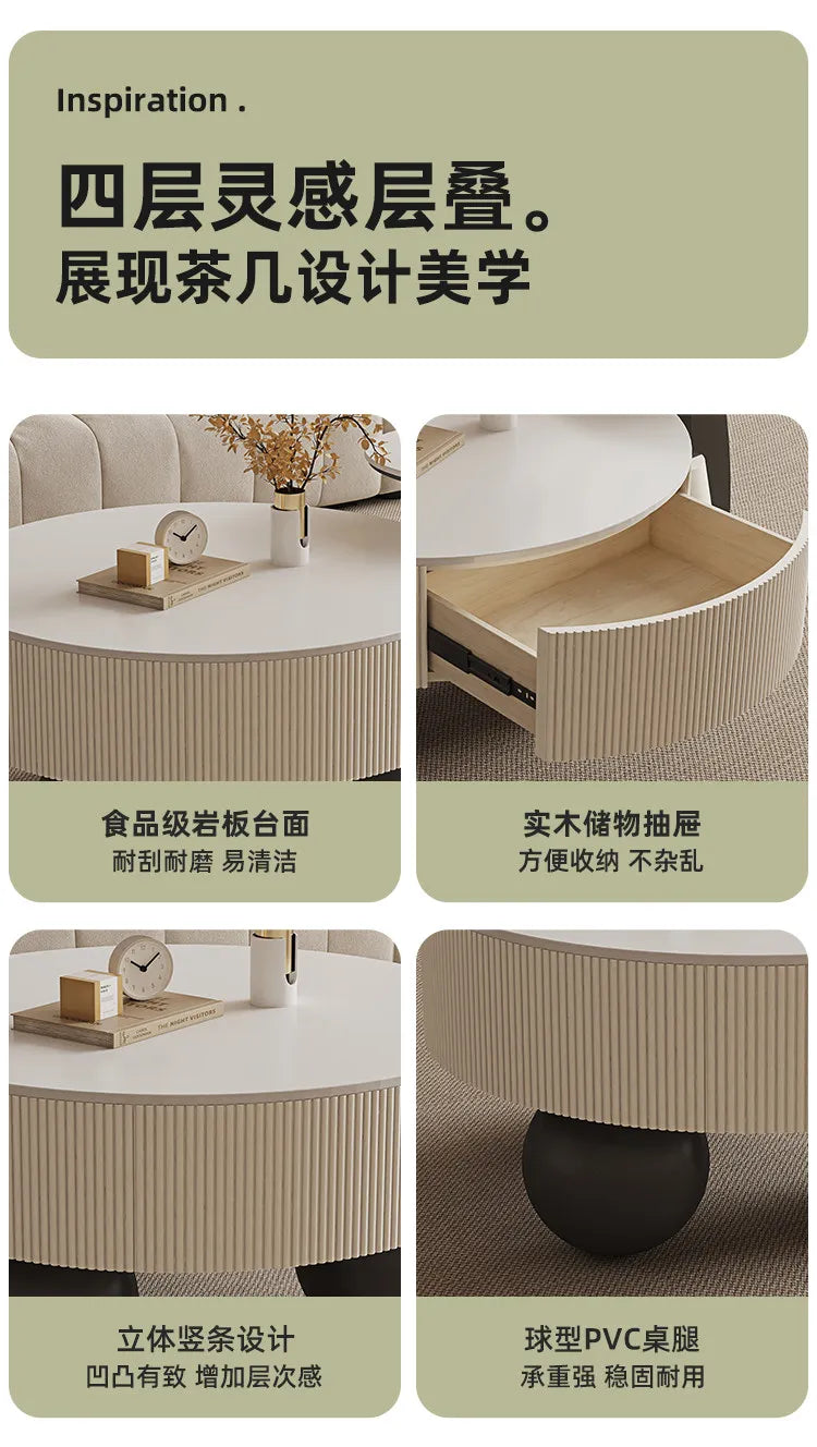 Minimalist Round Coffee Table With Storage Drawers — Ivory White | KIMLUD