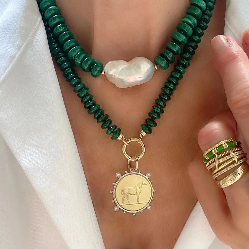 Malachite Coin Pendant Necklace Rope Knot — Green | KIMLUD