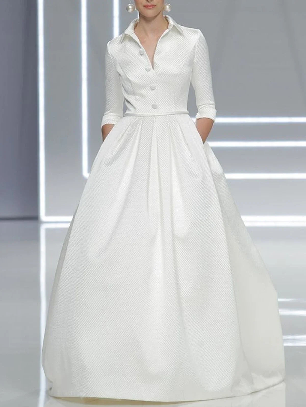 Elegant Satin Maxi Dress With Pockets And Turndown Collar For Gala Events — White | KIMLUD