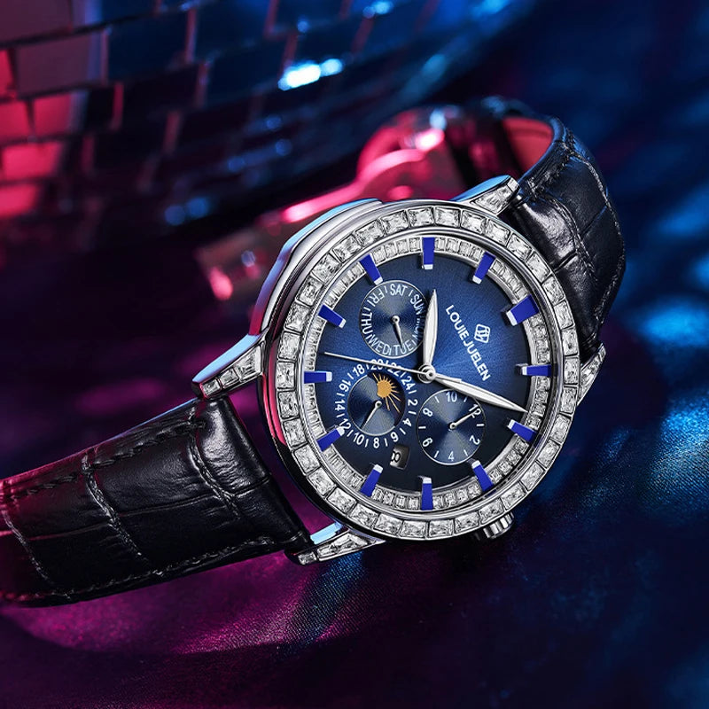 Automatic Moon Phase Watch Leather Strap Diamond Bezel Week Calendar — Blue | KIMLUD