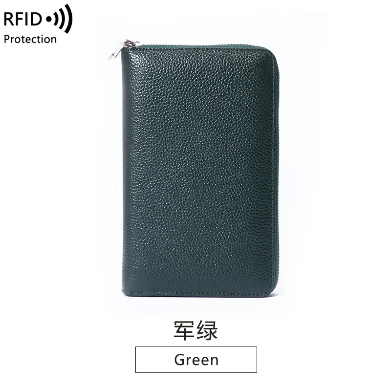 RFID Anti-Theft Cowhide Leather Wallet — Long Passbook Card Slots Black | KIMLUD