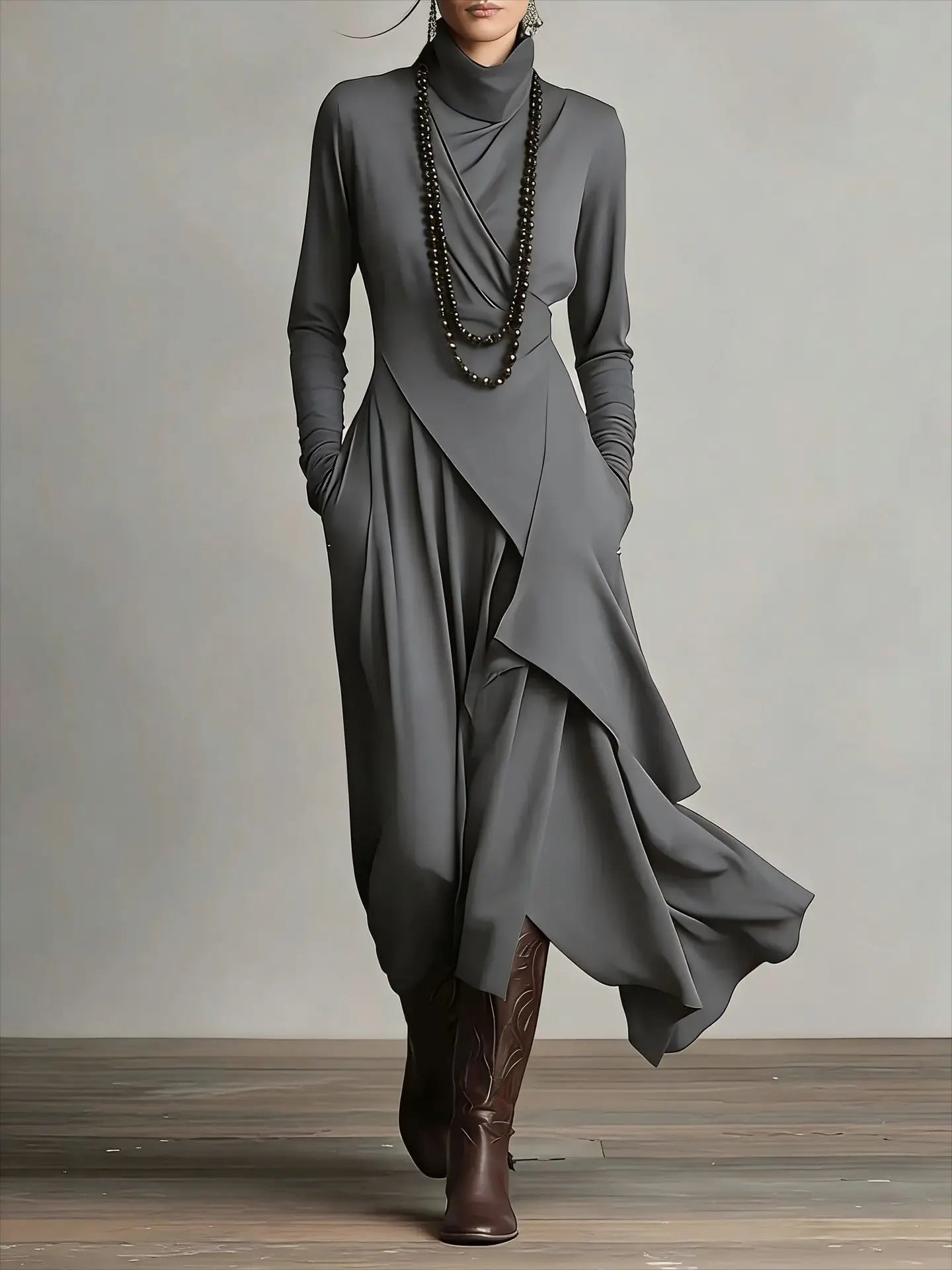 Vintage Irregular Cross Dress for Women Long Sleeve Solid Turtleneck Simple Fashion Casual Spring Holiday Long Dresses