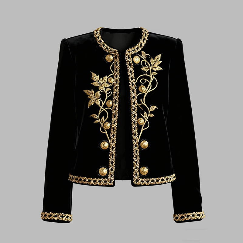 Modigirl Woman Fall Winter Gold Embroidered Jackets 2025 New Velvet Long Sleeve Round Neck Button Christmas Holiday Ladies Coat