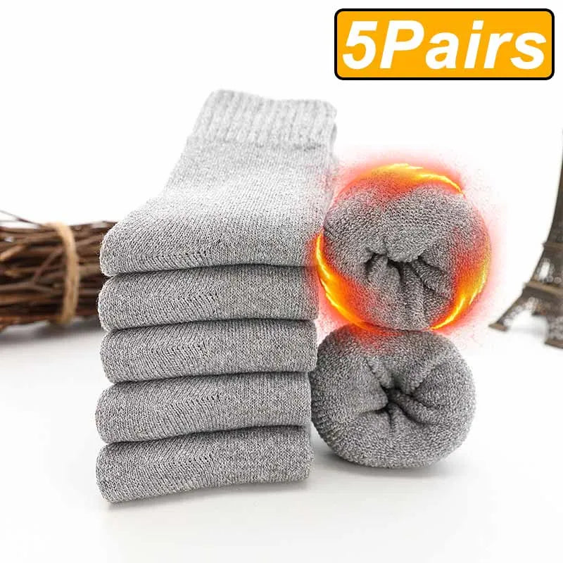 Merino Wool Socks Five-Pack Crew Thick Winter — Black | KIMLUD
