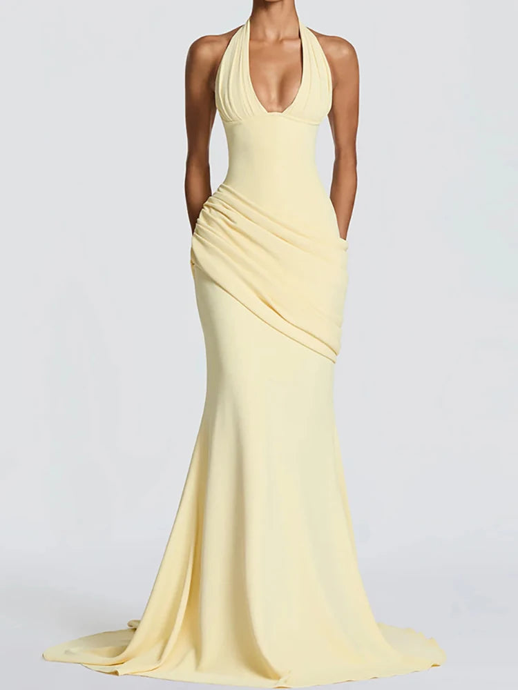 Patchwork Maxi Dress – Halter Backless – Polyester | KIMLUD