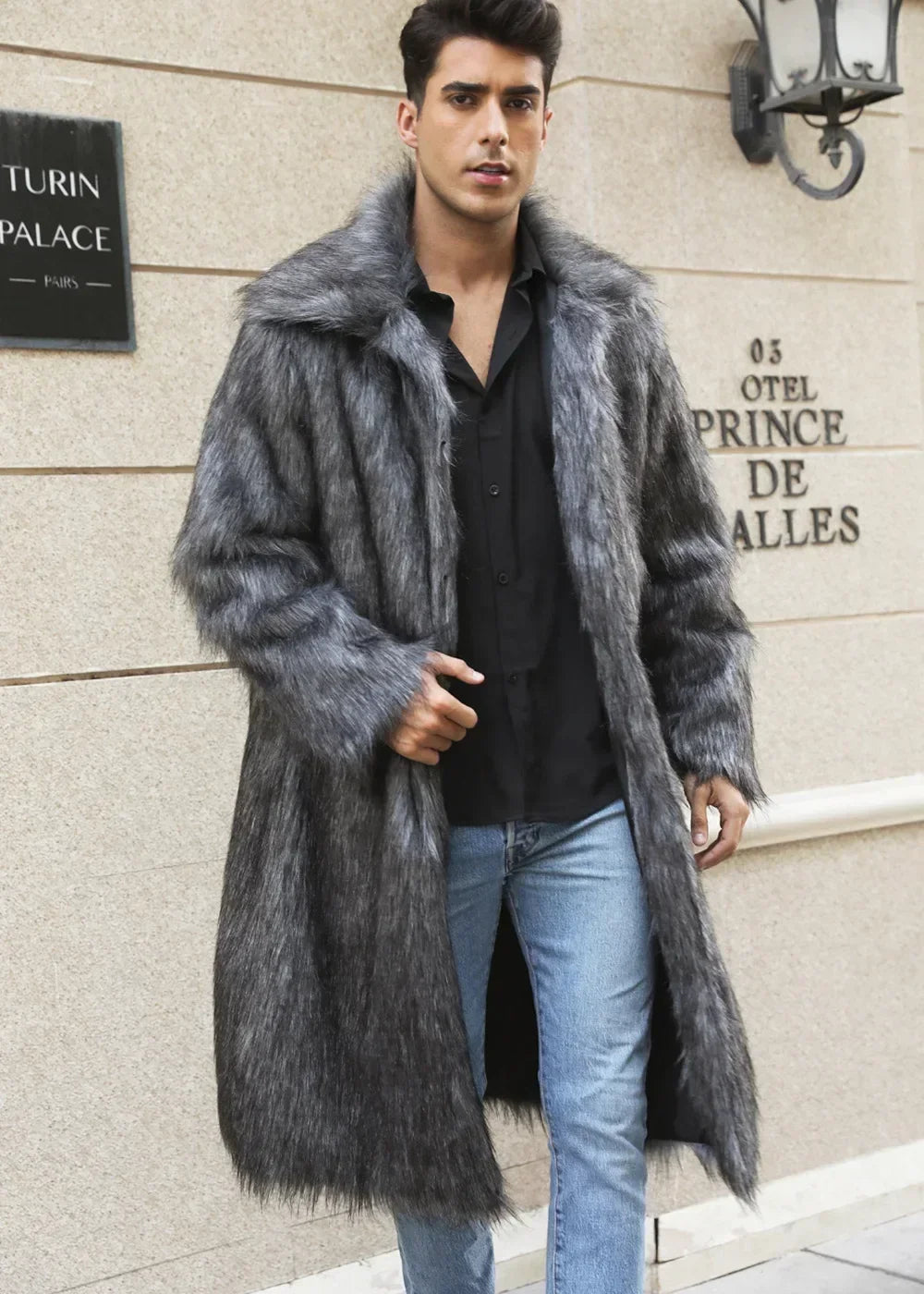 Men's Faux Fur Coat - Long Coat - Faux Fur | KIMLUD