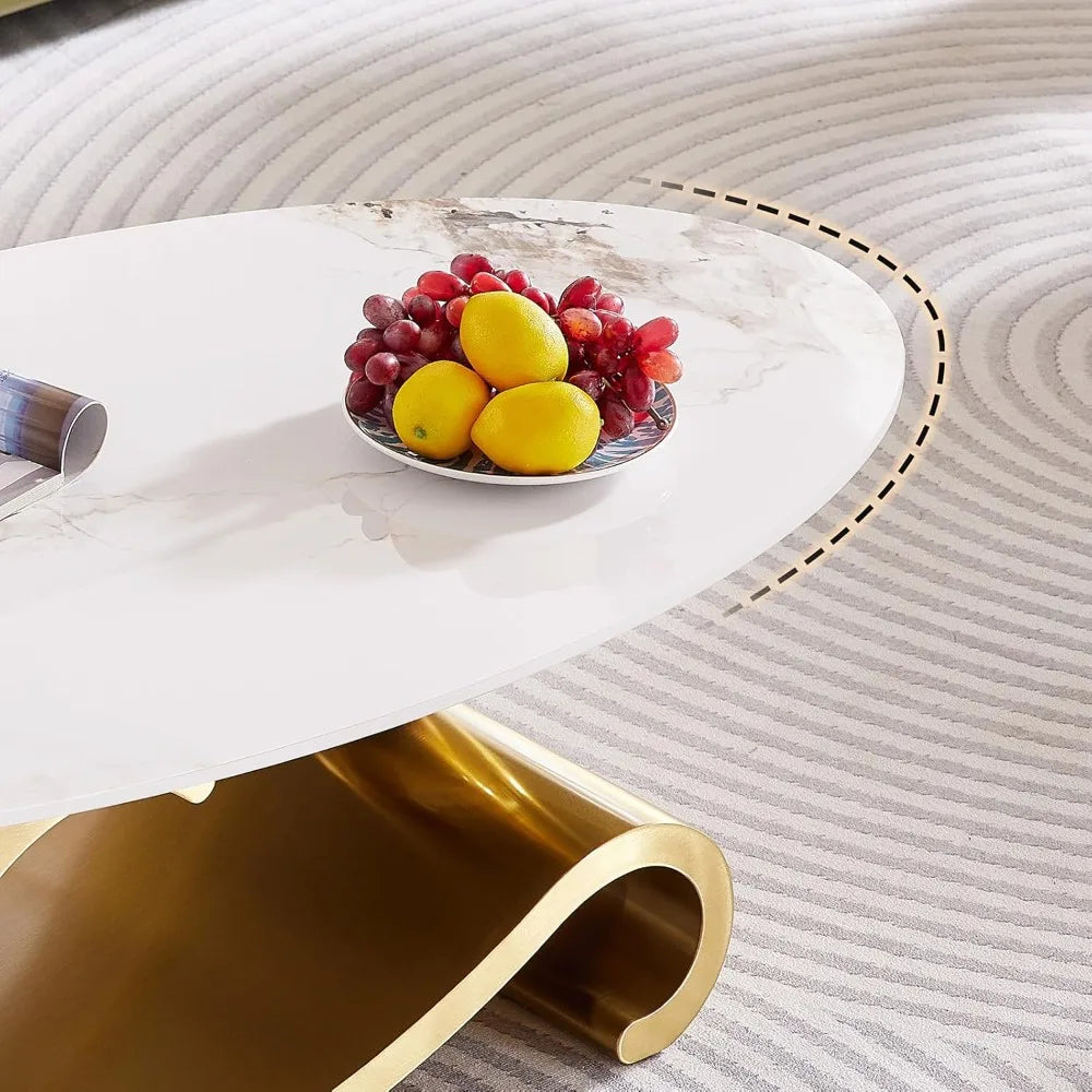Faux Marble Oval Coffee Table White Veined Top, Gold Base — Gold | KIMLUD