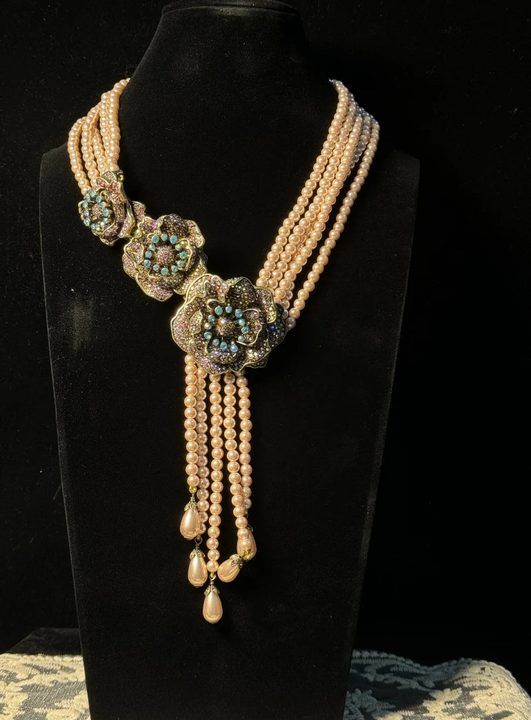 HD Europe and the United States  Retro Literature Sweet Heavy Multi-Layer Glaze Inlaid Shiny Rhinestone Flowers Tassel Necklace