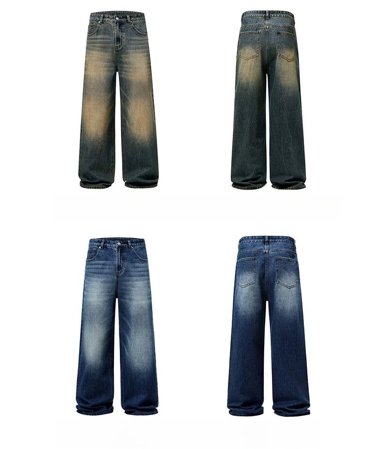 4 Colors Autumn Vintage Distressed Men's Baggy Straight Jeans Fashion Korean High Street Denim Pants Streetwear Male cargo