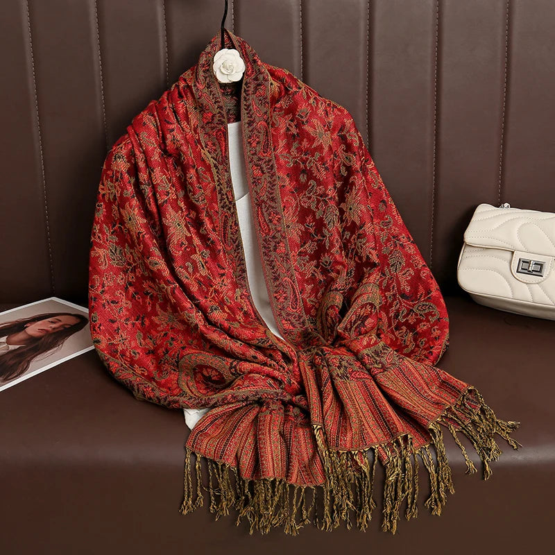 Cashmere Pashmina Shawl With Autumn Print Design, Olive Accents And Gold-Toned Fringe — Red | KIMLUD