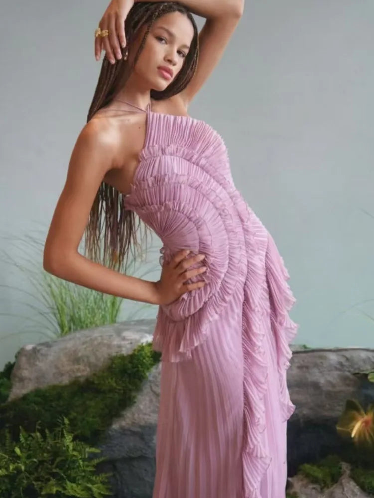 Mozision Elegant Off-shoulder Ruffle Sexy Maxi Dress Women Fashion Halter Sleeveless Backless Draped Pleated Club Party Dress