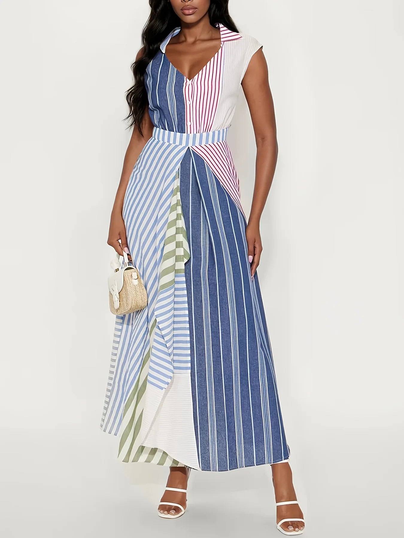 Personality Contrast Color Stitching Striped Dress Women's Summer Fashion Irregular Waist V-neck Sleeveless Commuting Dresses
