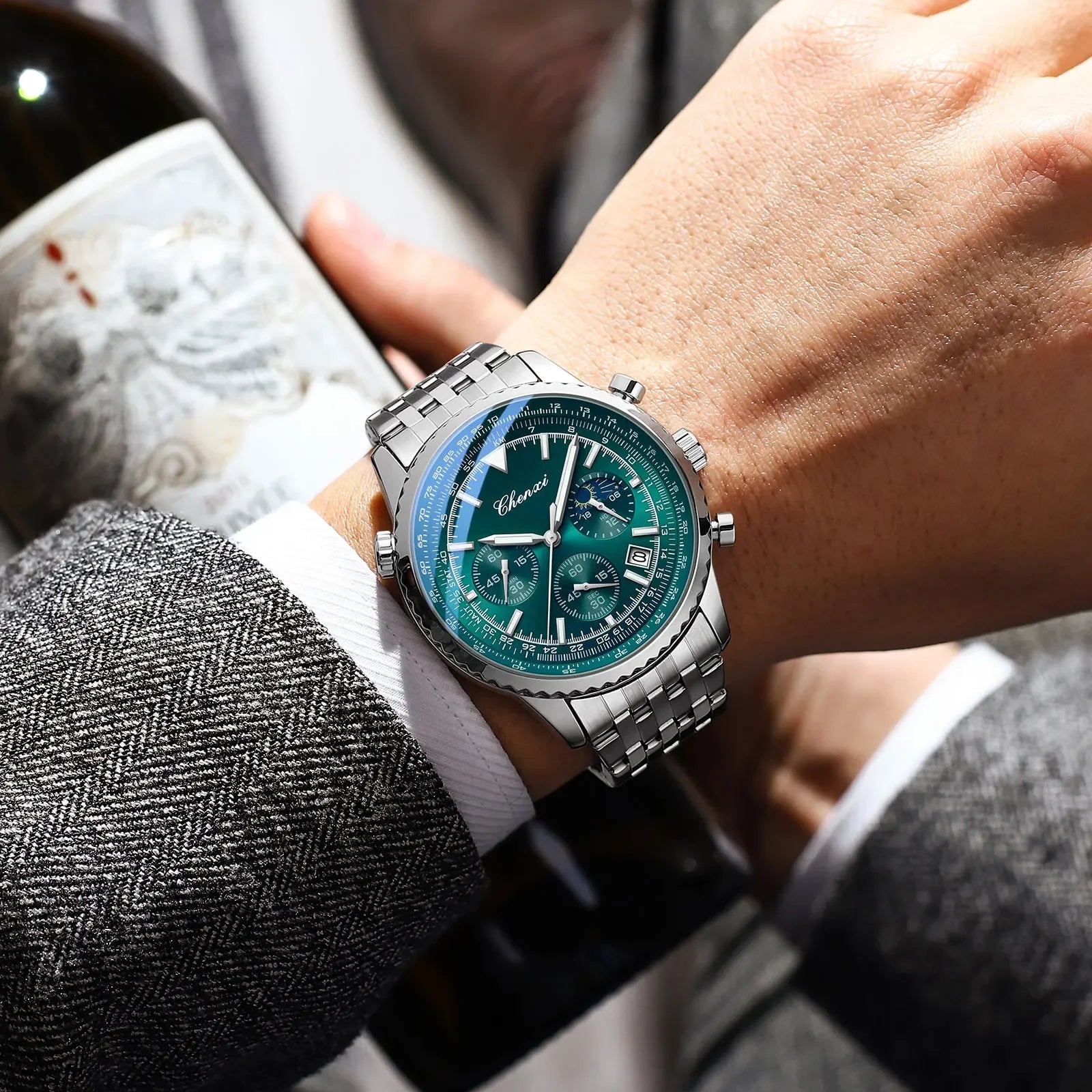 Luxury StopWatch Moon Phase Waterproof Male Clock Luminous Date Stainless Steel Square Quartz Men Watch reloj hombre