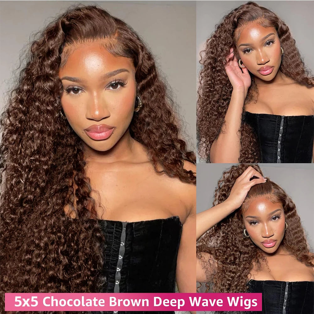 Lace Closure Wig – Glueless – Deep Wave – Chocolate Brown | KIMLUD