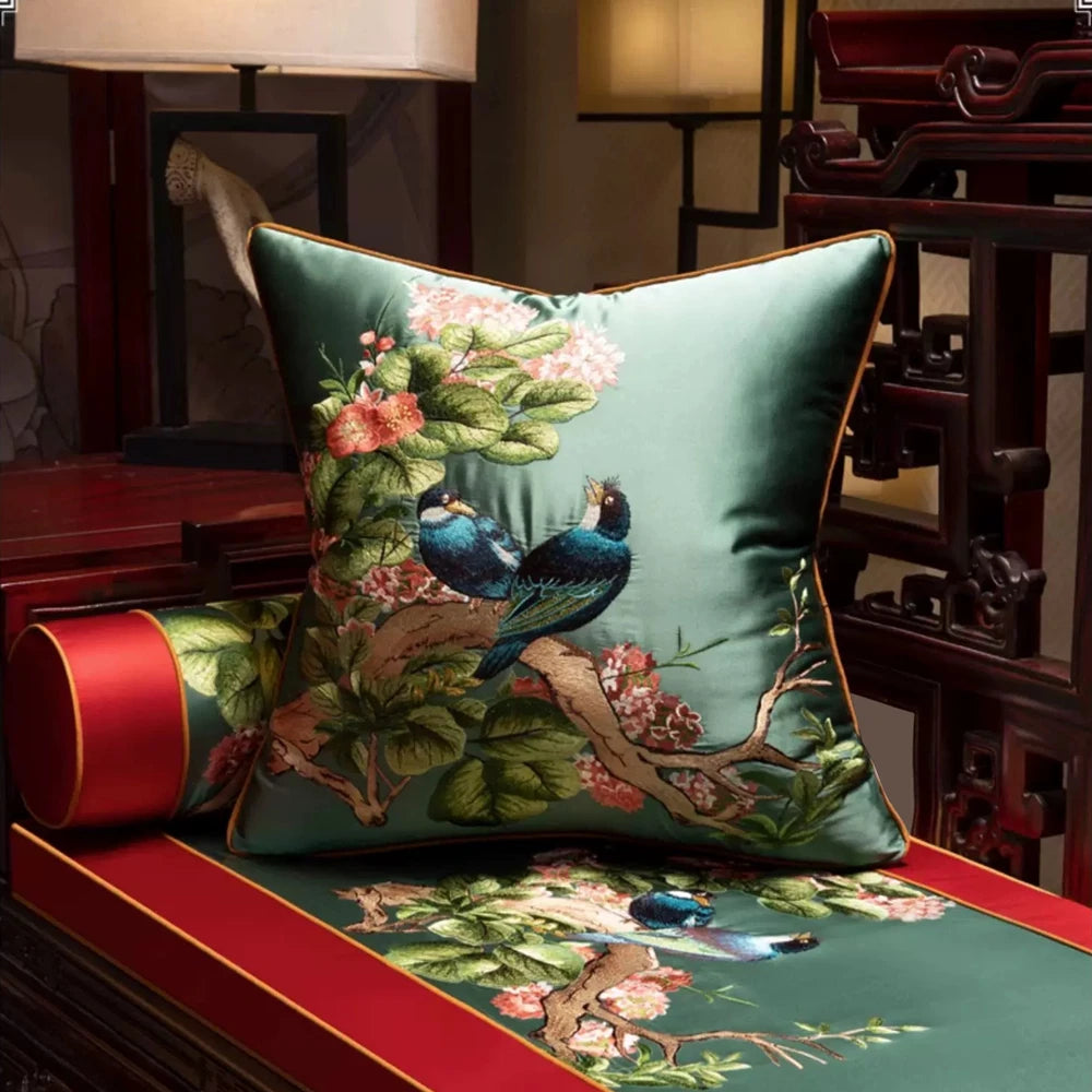 Luxurious Embroidered Silk-like 2 Magpies Square Home Sofa Decorative Pillow Case 3 Colors No Insert 18x18" 1 Piece Pack