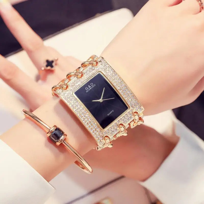 Bracelet Watch - Three Chain Rhinestone - Alloy Case - Golden | KIMLUD