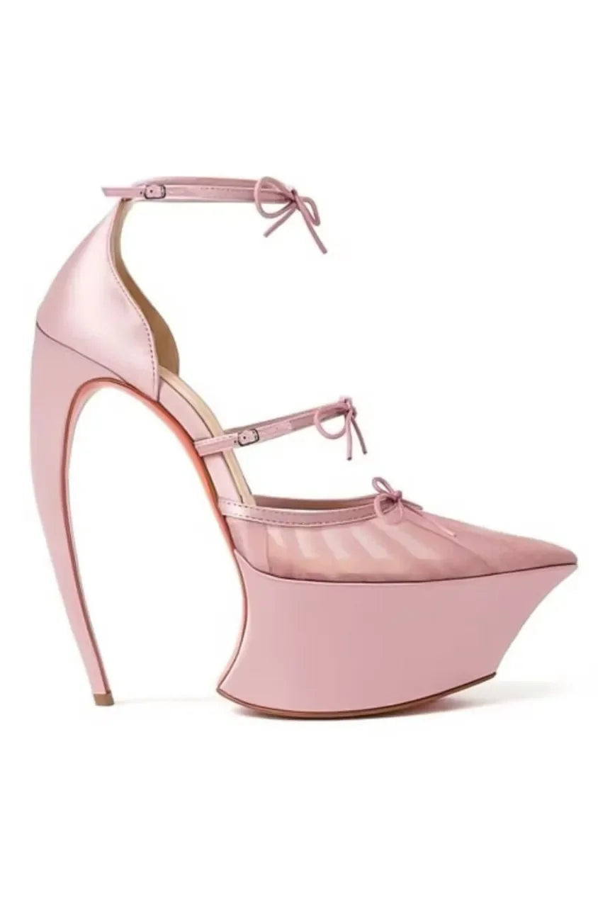 Satin Ribbon Pumps Pointed-Toe Platform — Pink | KIMLUD