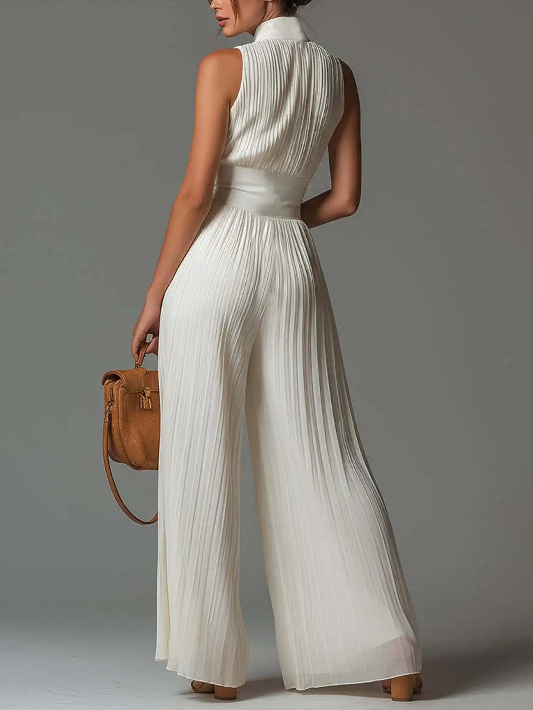 Spring Summer Women White Ruched Halter Jumpsuit Playsuit Wide Leg Romper