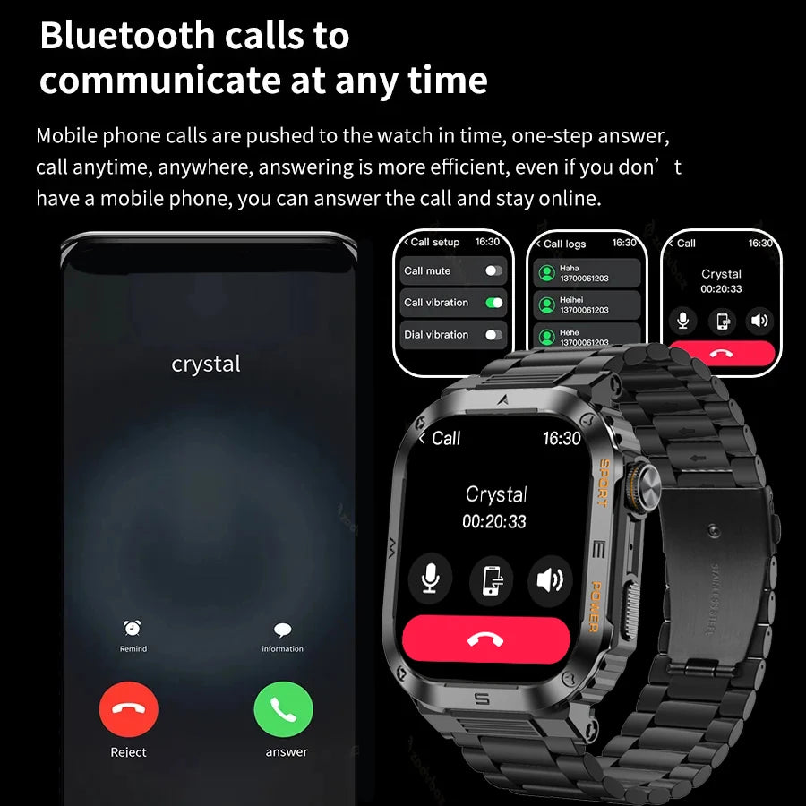 2024 NEW 2.01 Outdoor Military Smart Watch Men Bluetooth Call Smartwatch For Android IOS IP68 Waterproof Sports Fitness Watches