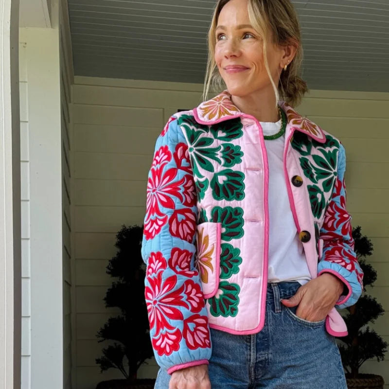 Women Print Cotton Jacket Colorful Casual Turn-down Collar Long Sleeve Single Breasted Pocket Jackets Autumn Winter Fashion Coat