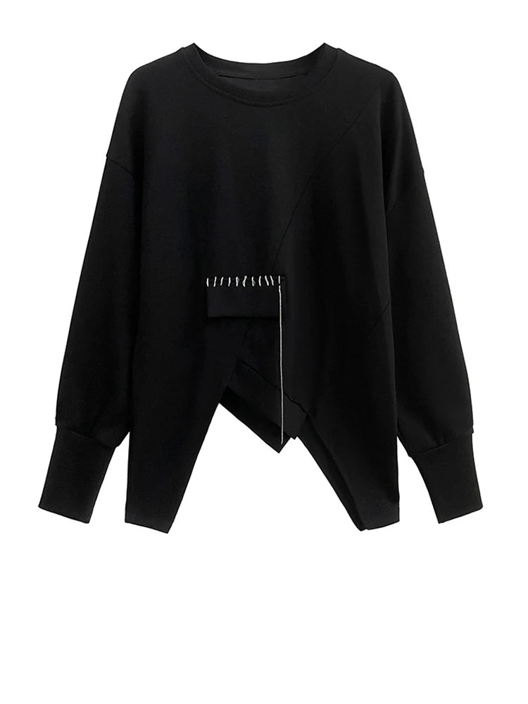 Sweatshirt - Topstitched Irregular Hem - Jersey - Black | KIMLUD