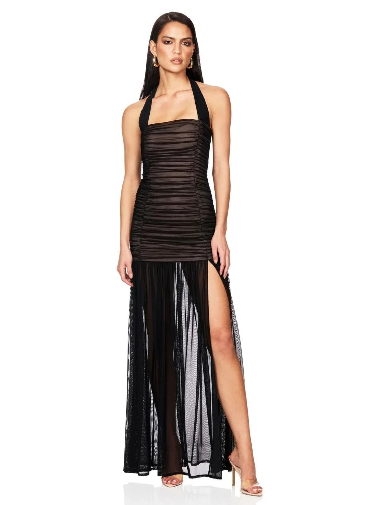 Sexy Halter Neck Mesh Patchwork Ruched Long Dress Women Black Sleeveless Backless Elegant Slim Runway Evening Party Club Dresses