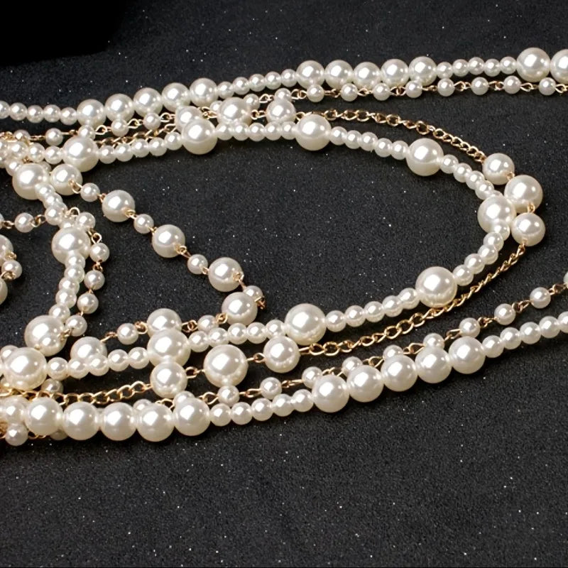 Pearl-Chain Necklace Long Layered Statement — White | KIMLUD
