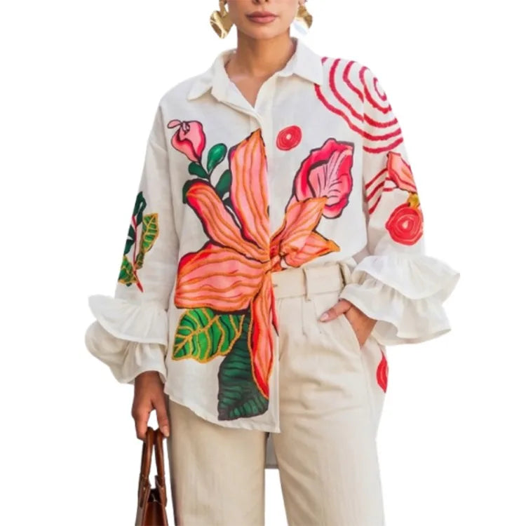 Blouse – Floral Print High-Low Lapel – Polyester – White | KIMLUD
