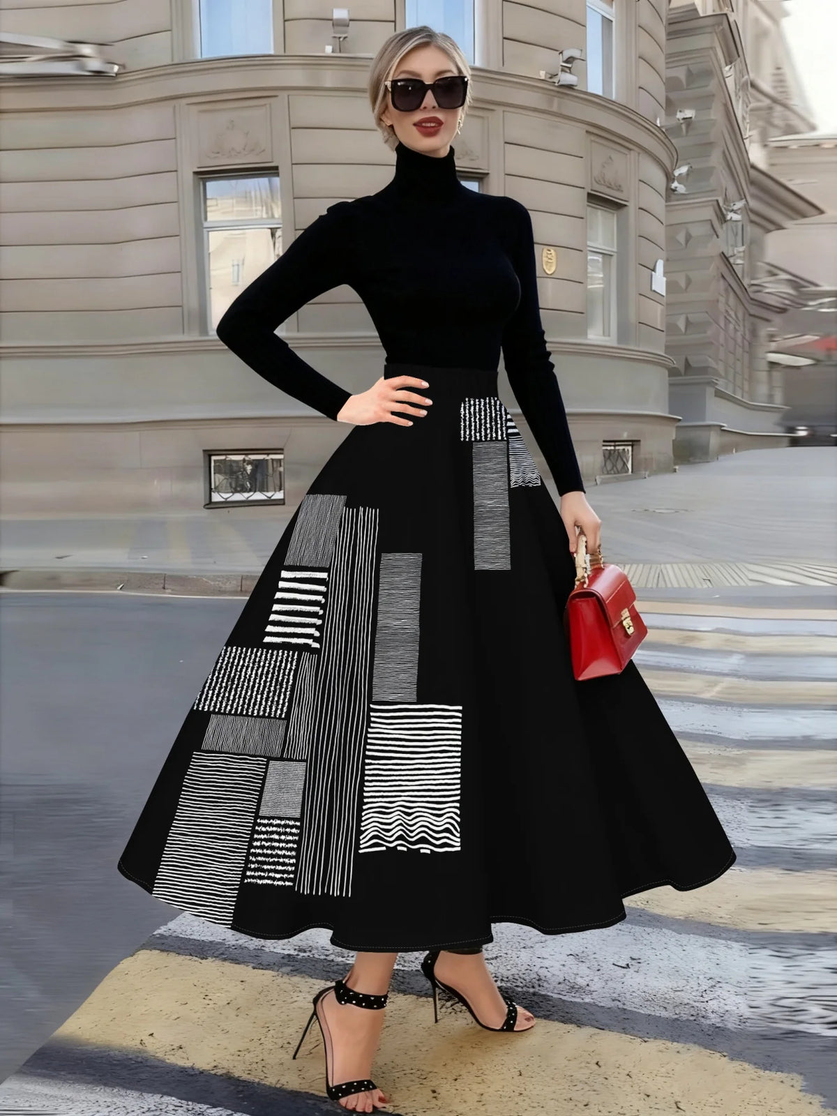 Skirt – Geometric Stripes Pattern – Polyester Fiber | KIMLUD