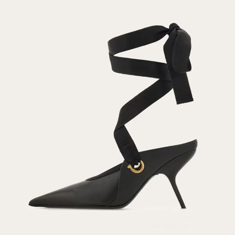 Microfiber Stiletto Ballet Sandals With Delicate Ankle Ribbons For Evening Soirees — Smoky Taupe | KIMLUD