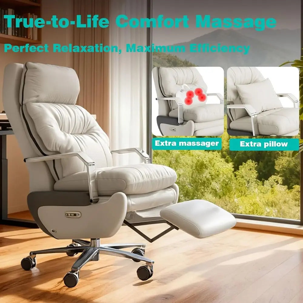 Executive Dual Motor Reclining Chair with Footrest, Massage & Pillow Support, Ergonomic PU Leather Desk Chair for Big and Tall,