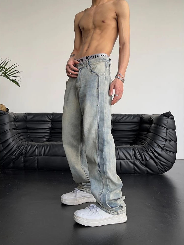 Jeans for Men Loose Light Blue Baggy Straight Man Cowboy Pants Punk Spliced Y2k Vintage Trousers 2025 Korean Autumn Trend Cotton