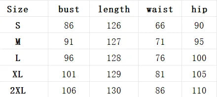 Table showing measurements for different sizes of clothing items with columns for bust, length, waist, and hip.