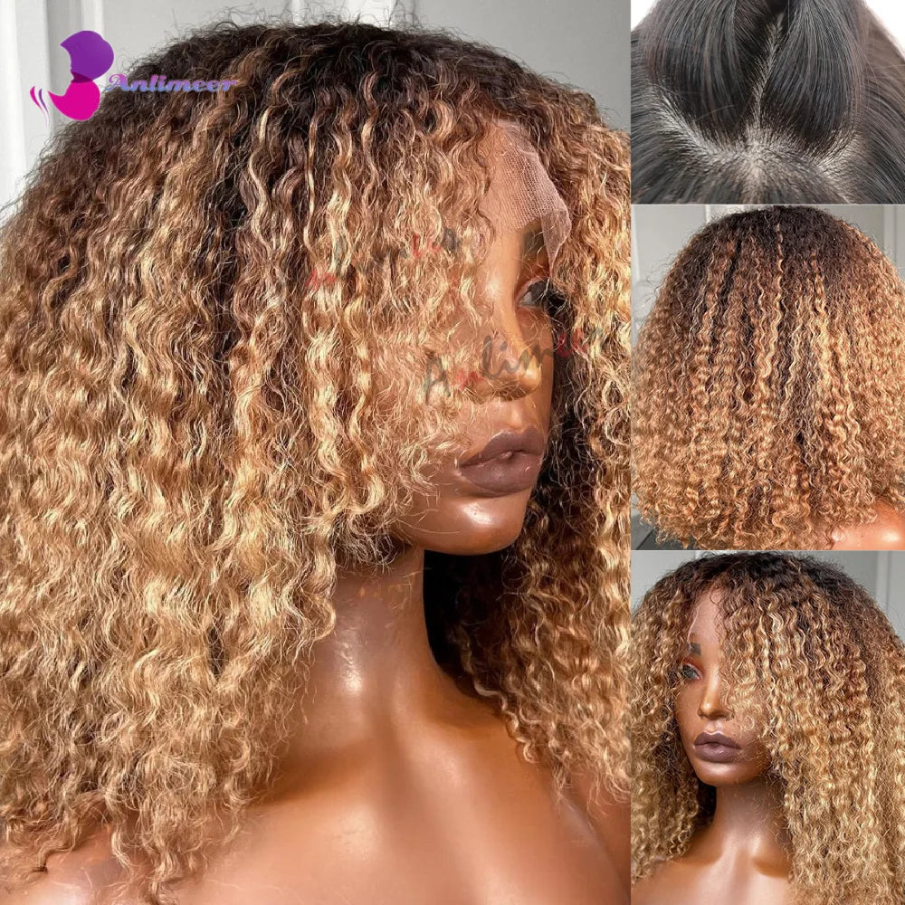 Curly Afro Wig Hair Wigs Human Hair — Black Roots Honey Blonde | KIMLUD