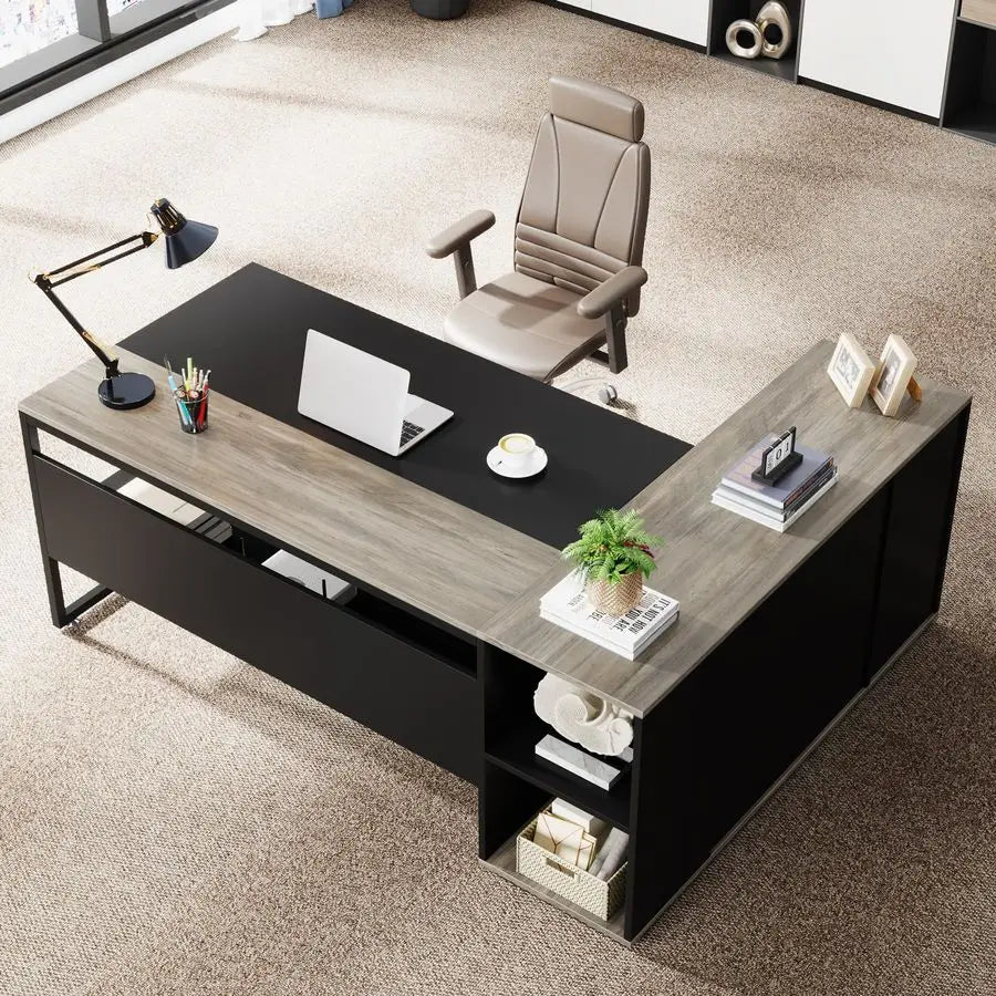71 inch Executive Desk, L Shaped Desk with Cabinet Storage, Executive Office Table with Shelves, Business Furniture Set Worksta