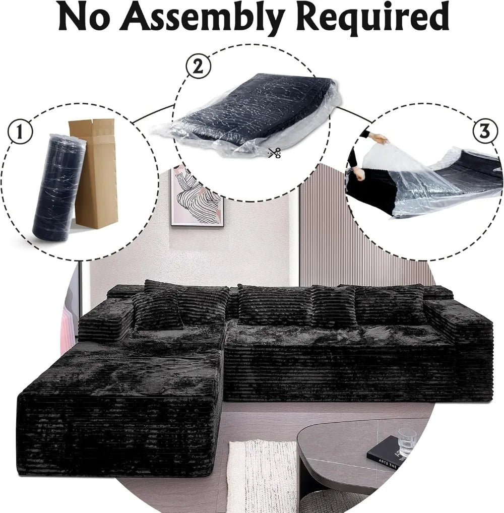 Corduroy Modular Sectional Sofa With Chaise — Deep Black | KIMLUD