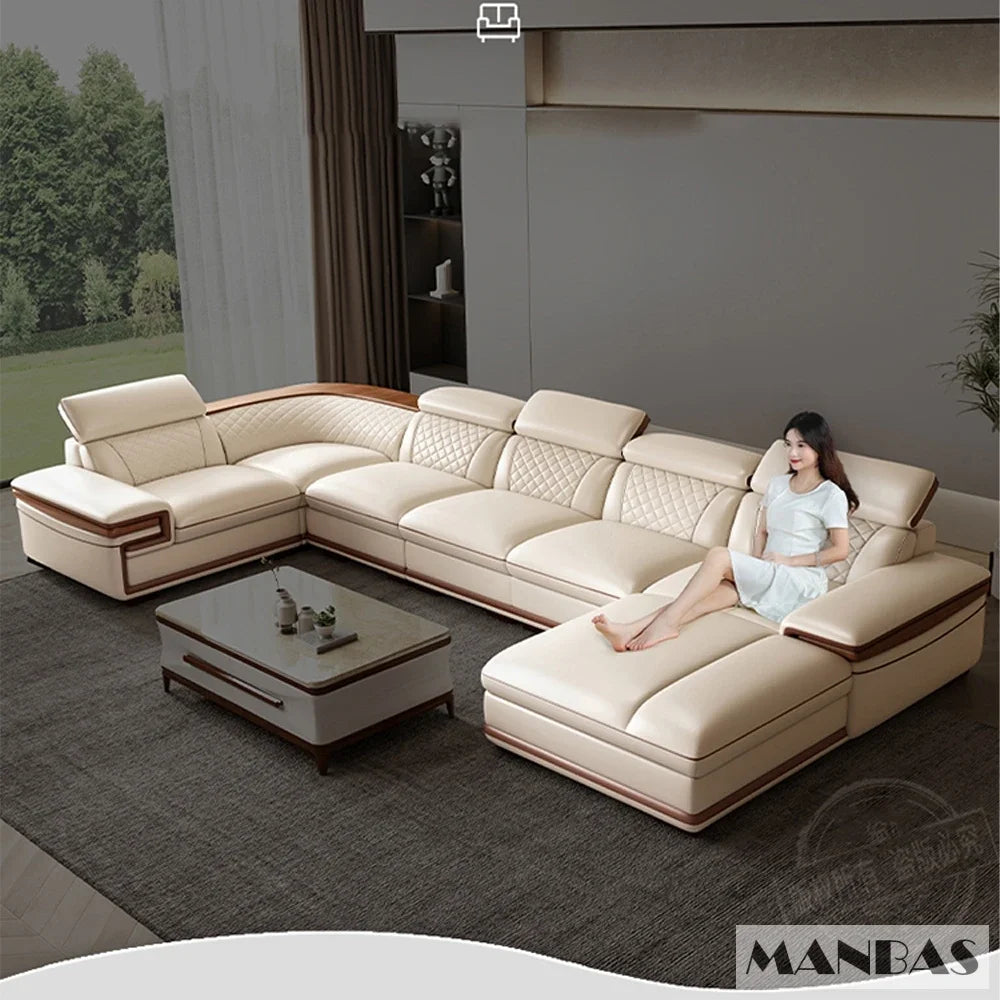 Genuine Italian Leather Sofa Set With Adjustable Headrests — Ivory | KIMLUD