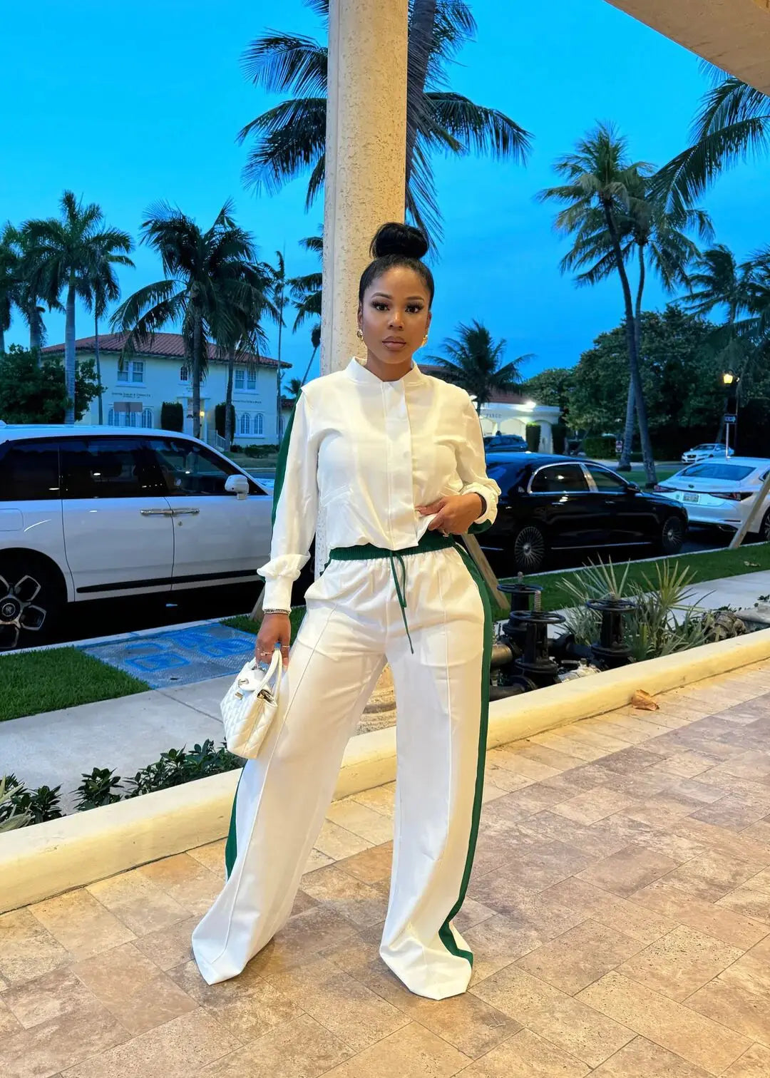 Two-Piece Polyester Spandex Set Crop Top And Long Pants — White | KIMLUD