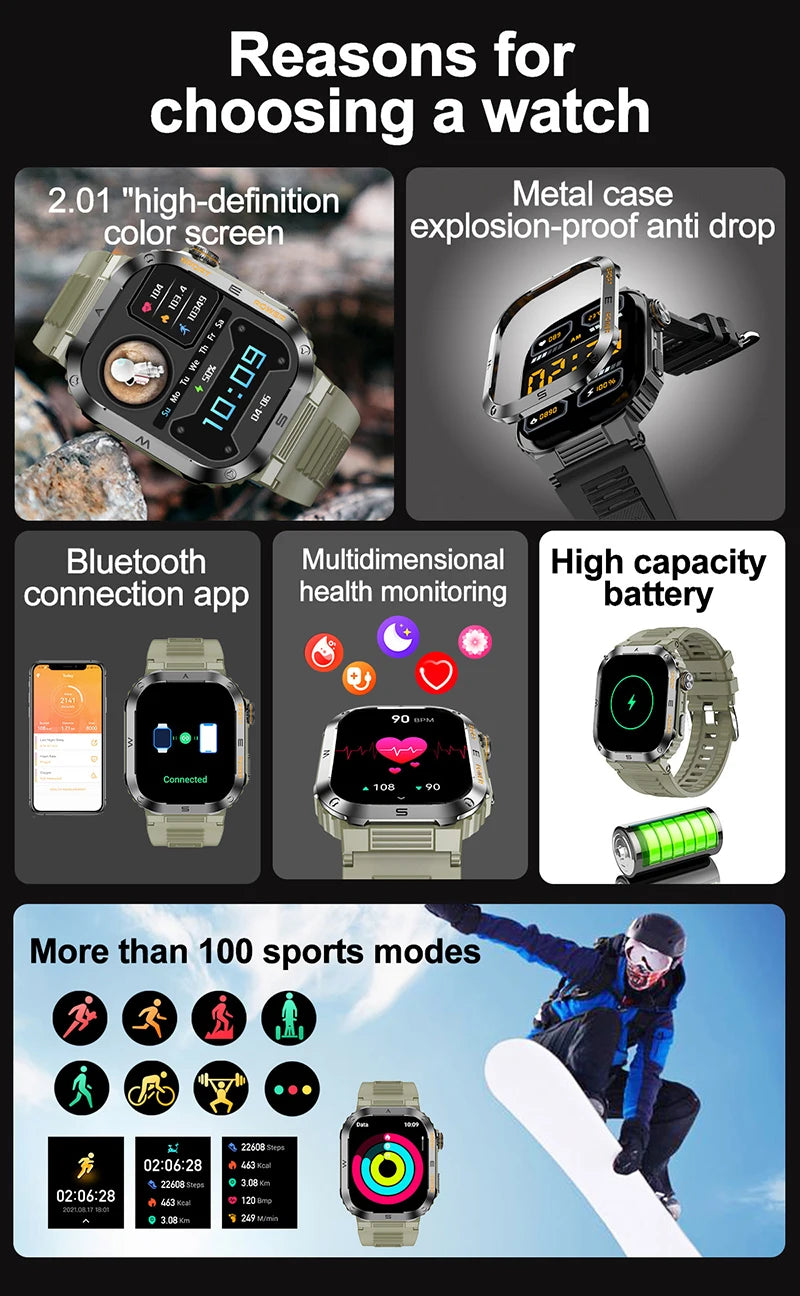 2024 NEW 2.01 Outdoor Military Smart Watch Men Bluetooth Call Smartwatch For Android IOS IP68 Waterproof Sports Fitness Watches