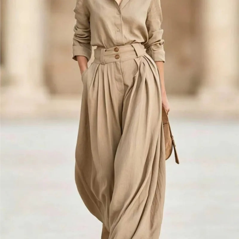 Two Piece Set – Lapel Shirt and Pleated Wide Leg Pants – Loose | KIMLUD